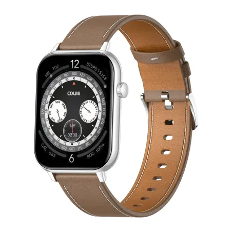 COLMI C28 Smartwatch – Silver + Brown Leather Strap